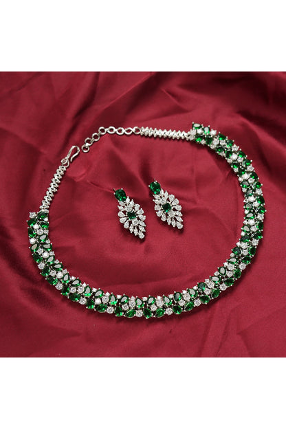 White Rhodium Finish Necklace Set With Green Diamonds