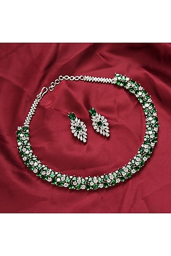 White Rhodium Finish Necklace Set With Green Diamonds