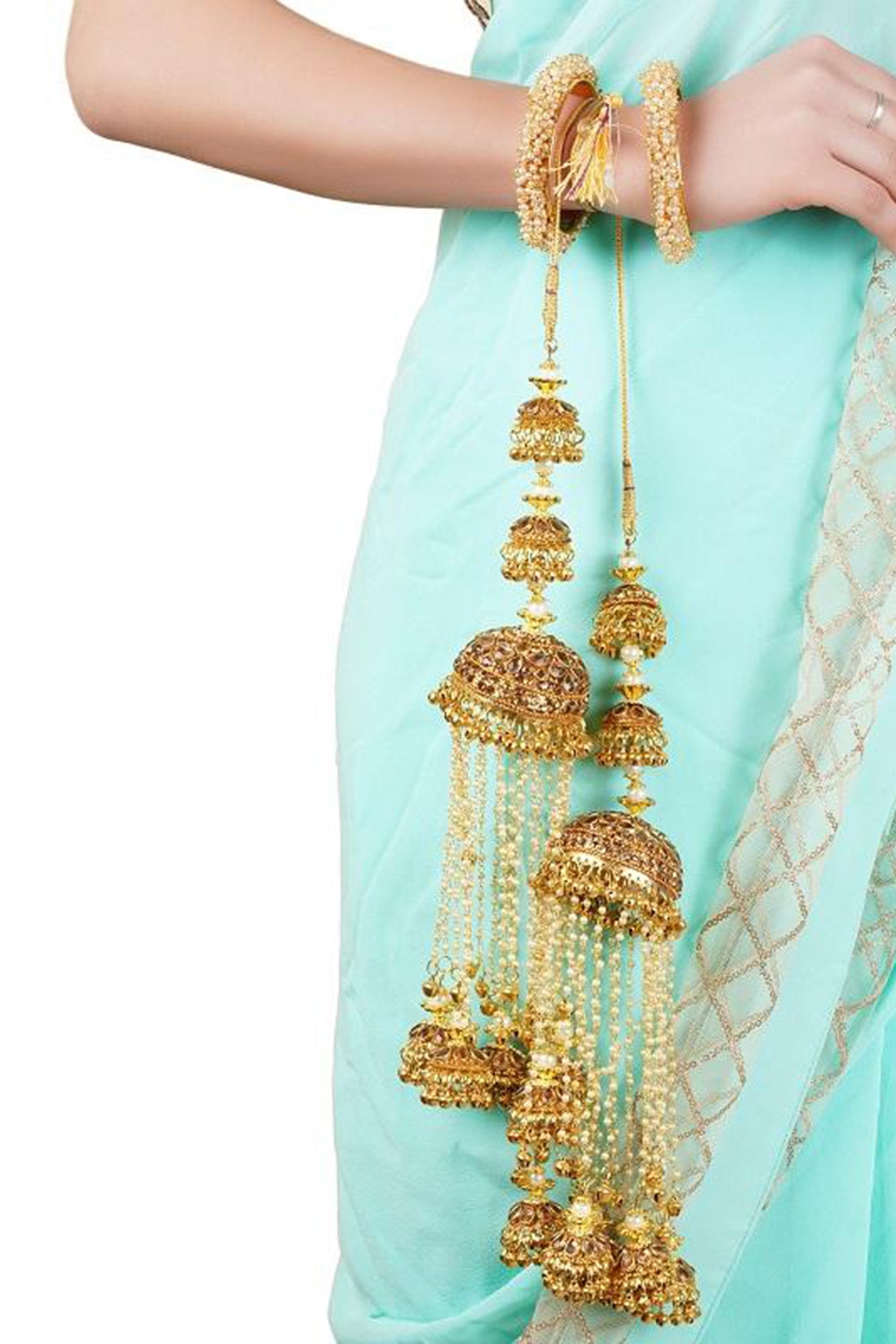 Gold Finish Kaleeras With Pearls & Ghungroo