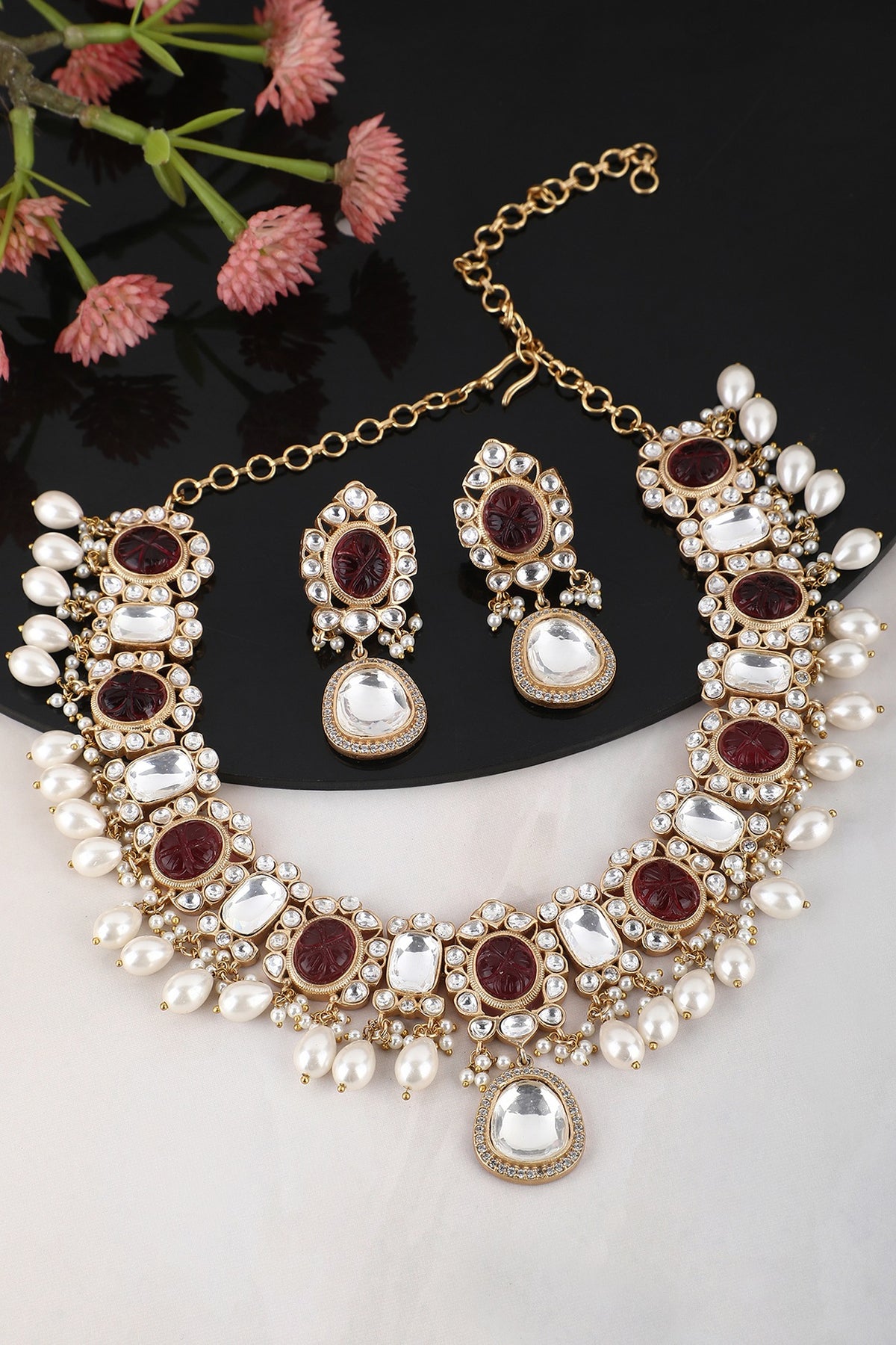 Gold Plated Brown Kundan Polki Necklace Set