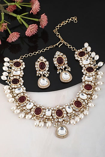 Gold Plated Brown Kundan Polki Necklace Set