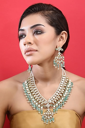 Gold Plated Kundan Polki & Blue Beaded Necklace Set