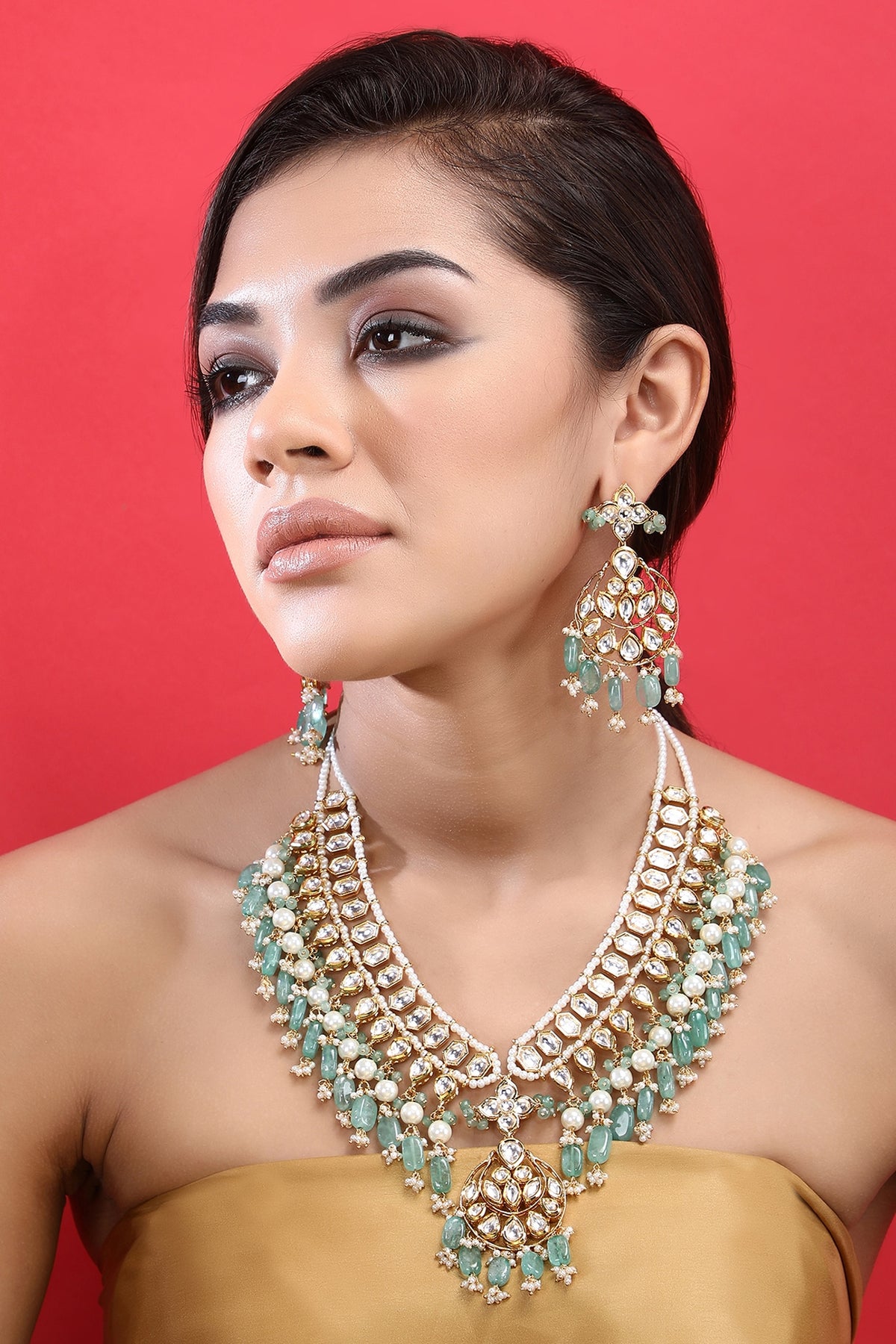 Gold Plated Kundan Polki & Blue Beaded Necklace Set