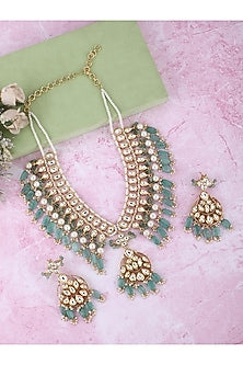Gold Plated Kundan Polki & Blue Beaded Necklace Set