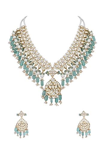 Gold Plated Kundan Polki & Blue Beaded Necklace Set