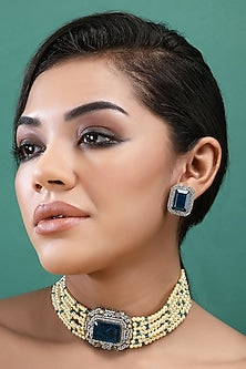Gold Plated Blue Kundan Polki Choker Necklace Set