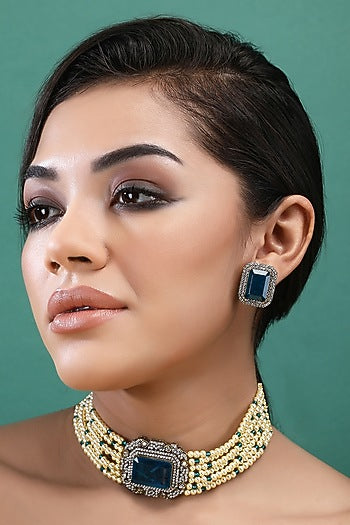 Gold Plated Blue Kundan Polki Choker Necklace Set