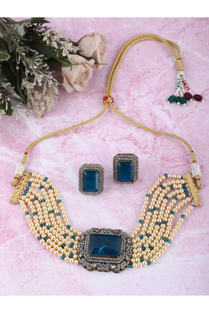Gold Plated Blue Kundan Polki Choker Necklace Set