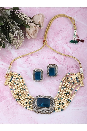 Gold Plated Blue Kundan Polki Choker Necklace Set