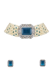 Gold Plated Blue Kundan Polki Choker Necklace Set