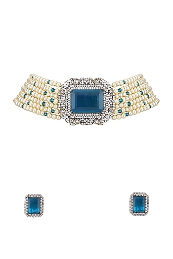 Gold Plated Blue Kundan Polki Choker Necklace Set