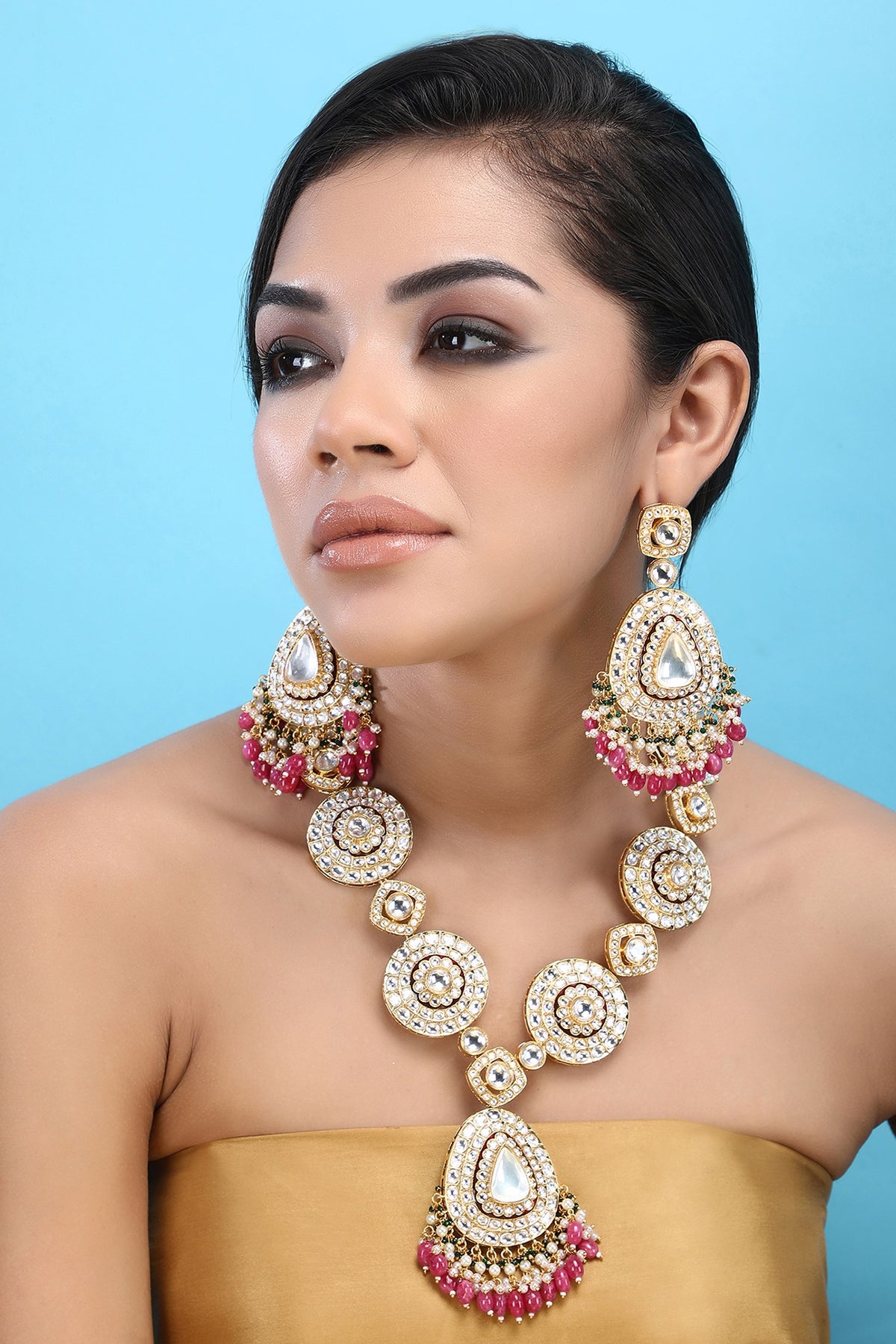 Gold Plated Kundan Polki & Red Beaded Necklace Set