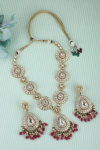 Gold Plated Kundan Polki & Red Beaded Necklace Set