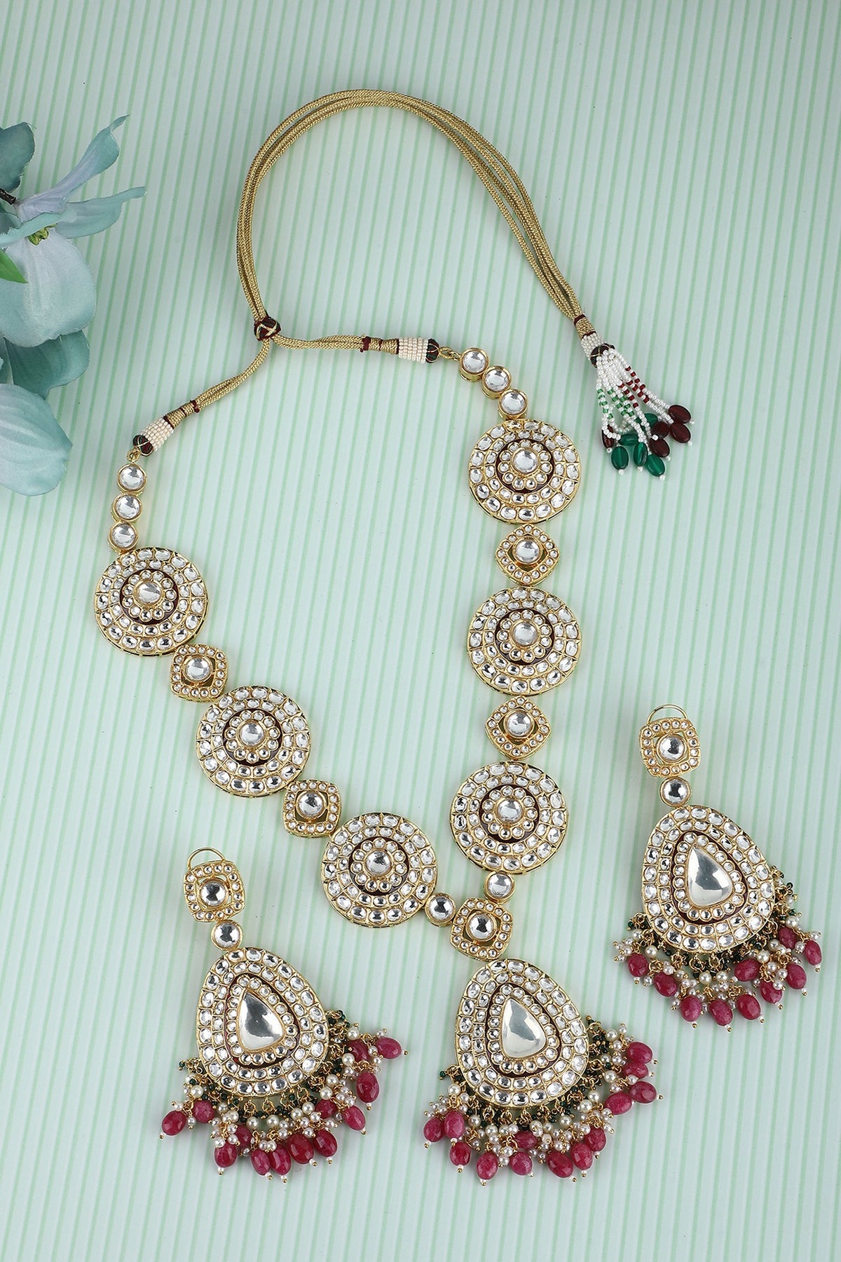 Gold Plated Kundan Polki & Red Beaded Necklace Set