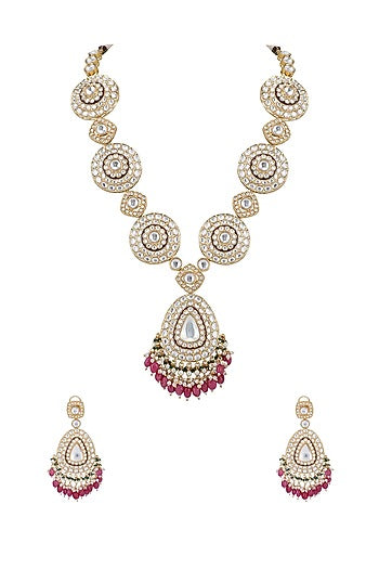 Gold Plated Kundan Polki & Red Beaded Necklace Set
