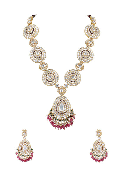Gold Plated Kundan Polki & Red Beaded Necklace Set