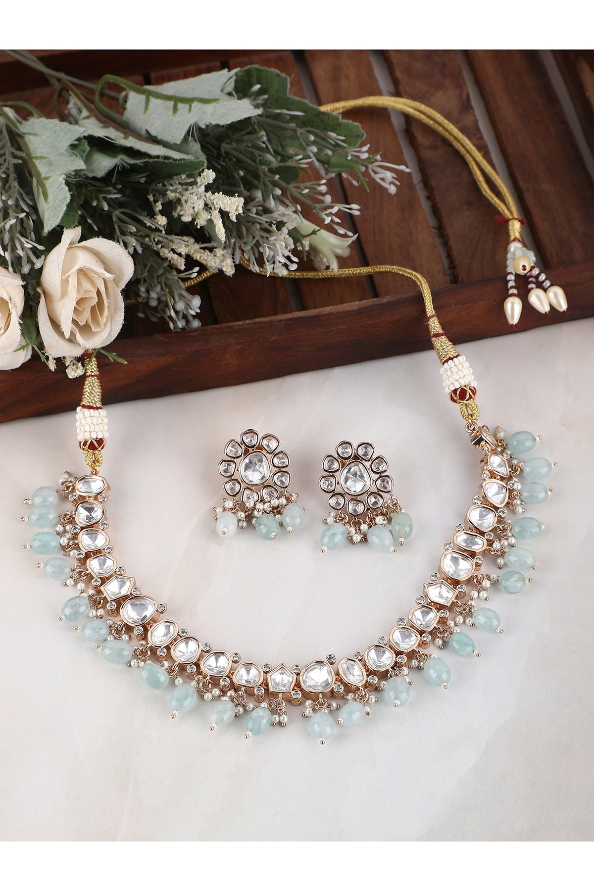 Gold Plated Blue Kundan Polki Necklace Set