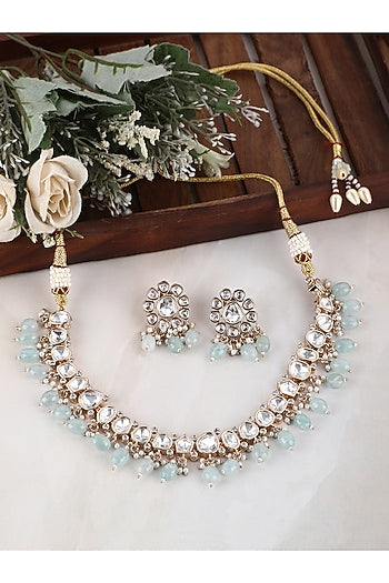 Gold Plated Blue Kundan Polki Necklace Set