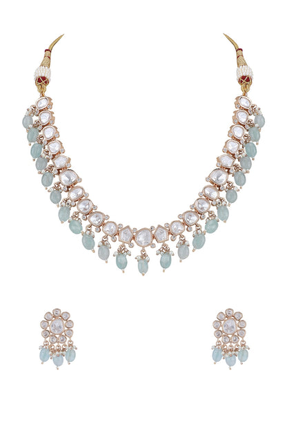 Gold Plated Blue Kundan Polki Necklace Set
