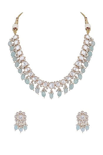 Gold Plated Blue Kundan Polki Necklace Set
