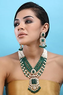 Gold Plated Green Kundan Polki Necklace Set
