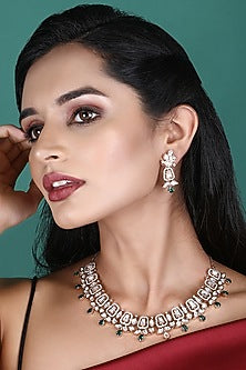 White Rhodium Finish American Diamond & Green Zircon Necklace Set