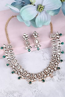 White Rhodium Finish American Diamond & Green Zircon Necklace Set