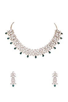 White Rhodium Finish American Diamond & Green Zircon Necklace Set