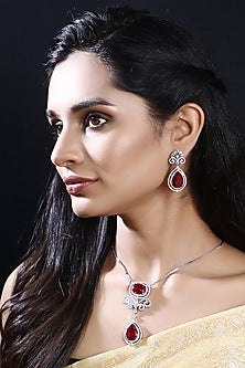 White Rhodium Finish American Diamond & Red Zircon Necklace Set
