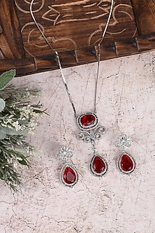 White Rhodium Finish American Diamond & Red Zircon Necklace Set