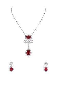 White Rhodium Finish American Diamond & Red Zircon Necklace Set