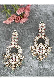 Gold Plated Red & Green Kundan Polki Chandbali Earrings