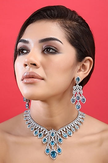 White Rhodium Finish Blue Zircon Necklace Set
