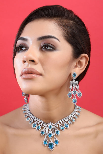 White Rhodium Finish Blue Zircon Necklace Set