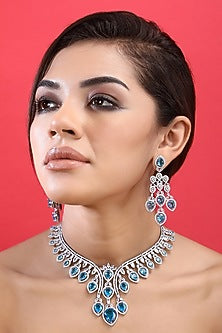 White Rhodium Finish Blue Zircon Necklace Set