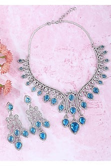 White Rhodium Finish Blue Zircon Necklace Set