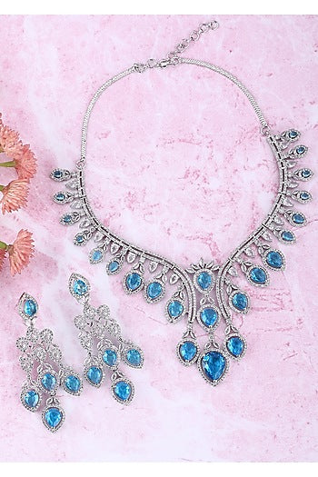 White Rhodium Finish Blue Zircon Necklace Set