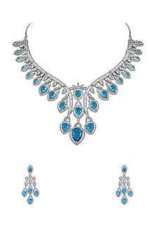 White Rhodium Finish Blue Zircon Necklace Set