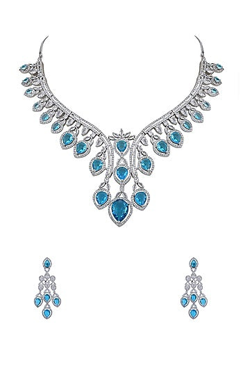 White Rhodium Finish Blue Zircon Necklace Set