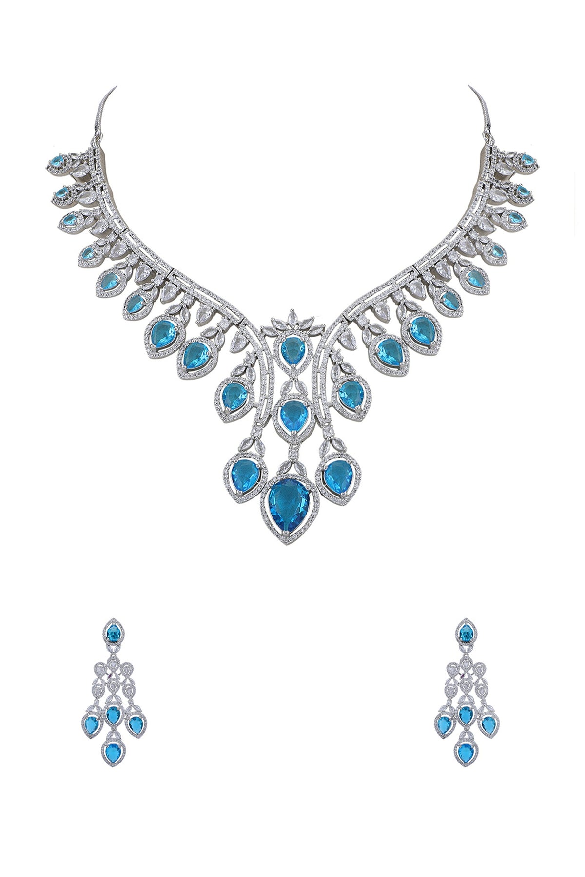 White Rhodium Finish Blue Zircon Necklace Set