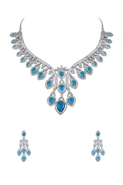White Rhodium Finish Blue Zircon Necklace Set