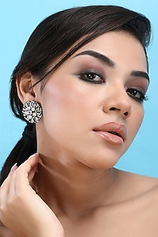 Gold Plated Grey Kundan Polki Stud Earrings