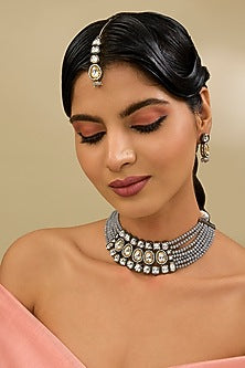 Gold Finish Grey Kundan Polki Necklace Set