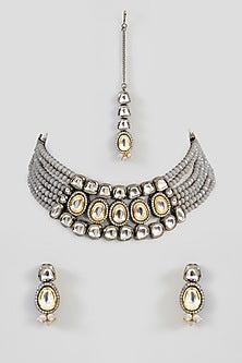 Gold Finish Grey Kundan Polki Necklace Set