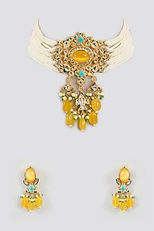Gold Finish Kundan Polki Necklace Set