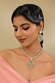 Gold Finish Aqua Kundan Polki Necklace Set