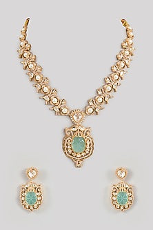 Gold Finish Aqua Kundan Polki Necklace Set