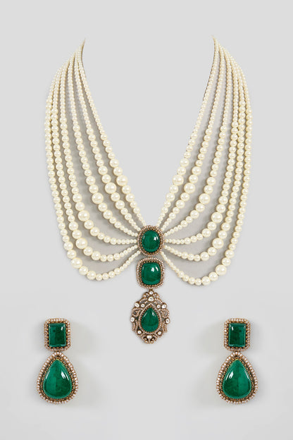 Gold Finish Green Kundan Polki Necklace Set