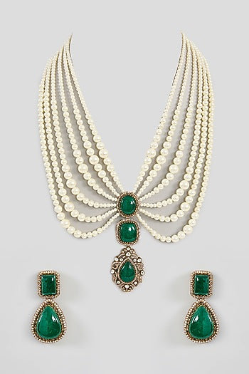 Gold Finish Green Kundan Polki Necklace Set