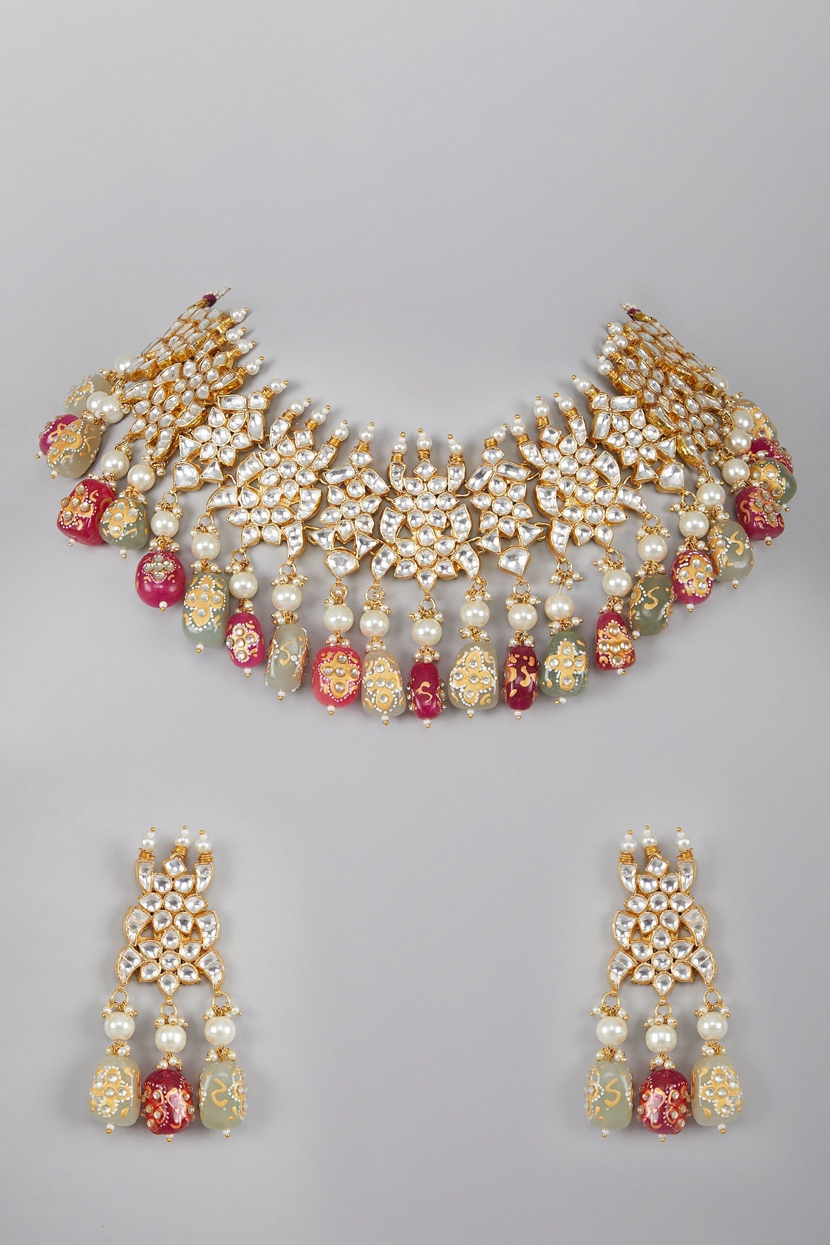 Gold Plated Kundan Green & Pink Stones Necklace Set
